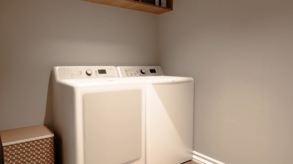 A white washing machine in a room with a brown trash can.