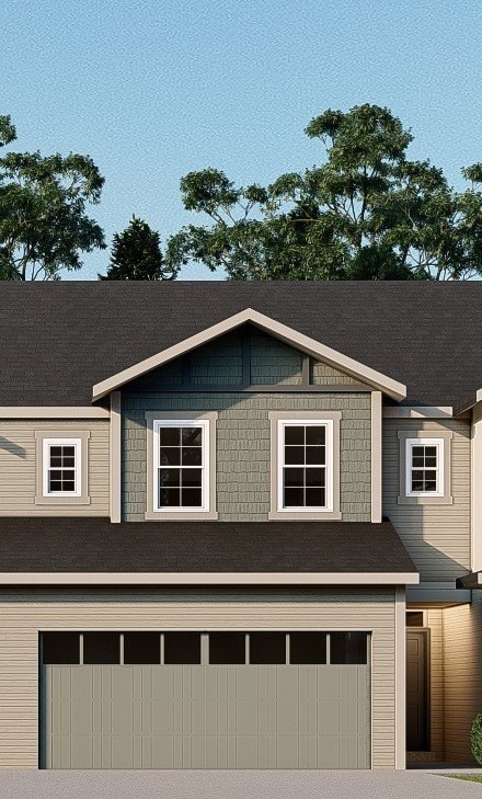 A two-story house with a garage door.