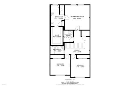 A floor plan of a house with a bathroom, laundry room, and two bedrooms.