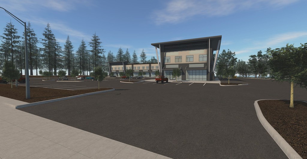 a rendering of a building with a parking lot and trees