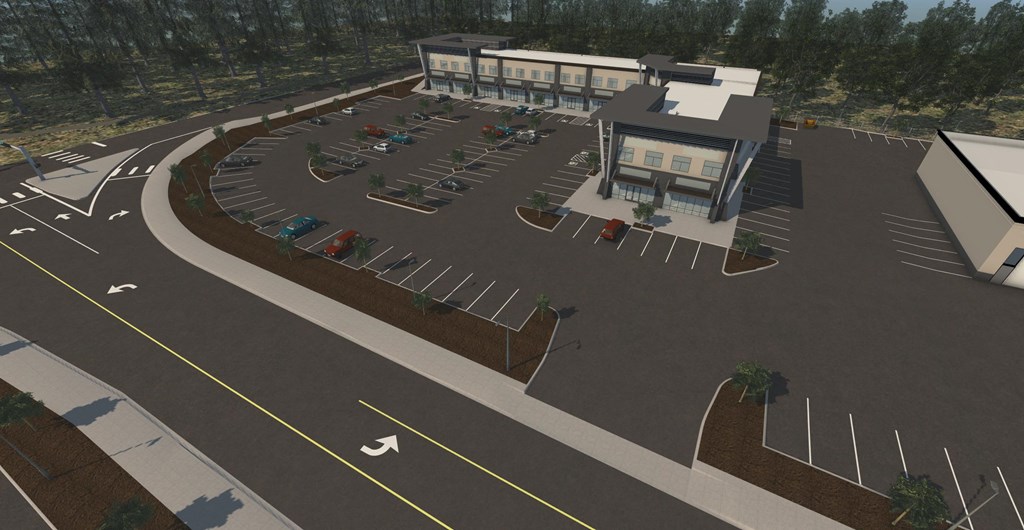 a rendering of a parking lot with a building