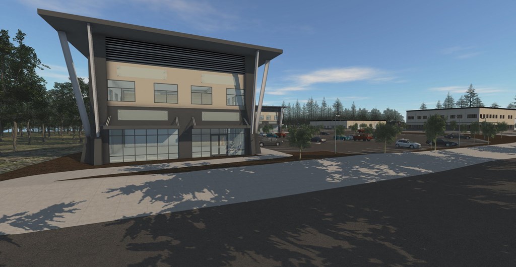 a rendering of a building on the side of a road