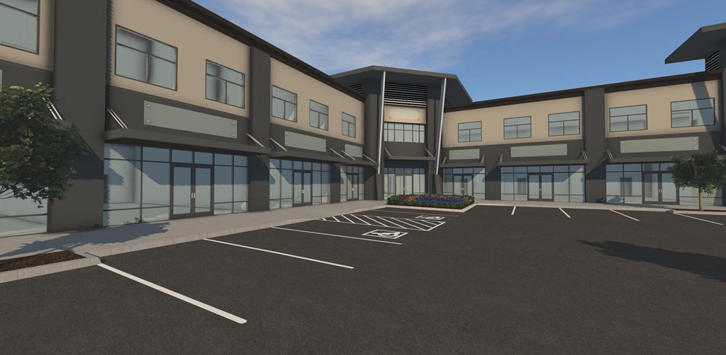 an architectural rendering of the exterior of a building with a parking lot