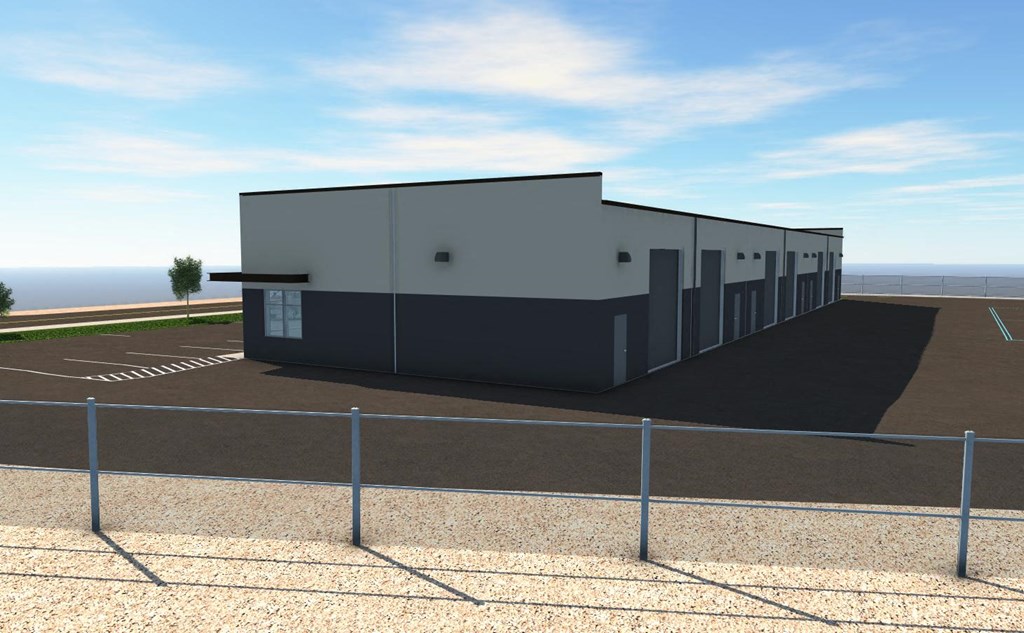 a rendered image of a building in a parking lot