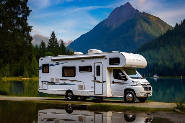 a rv parked on the road near a lake and mountains