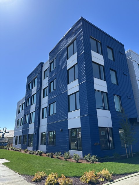 A modern blue building with white trim and windows.