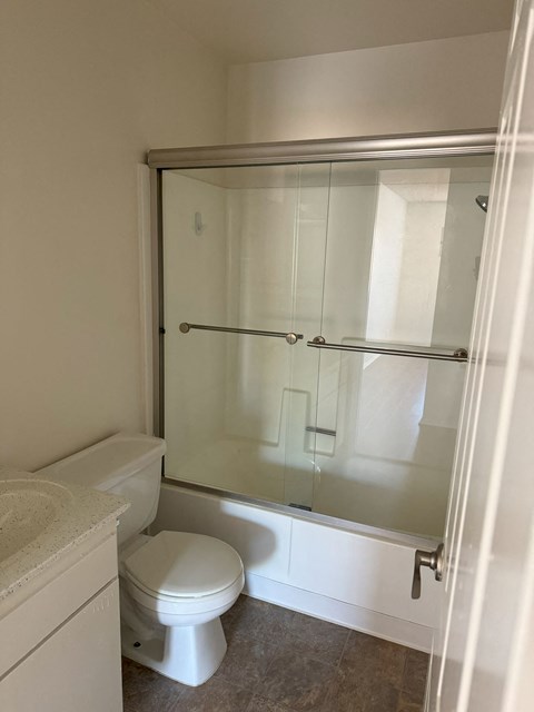 A white toilet sits next to a walk-in shower.