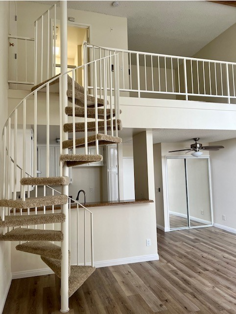 A white staircase with a carpeted runner leads up to a second floor.