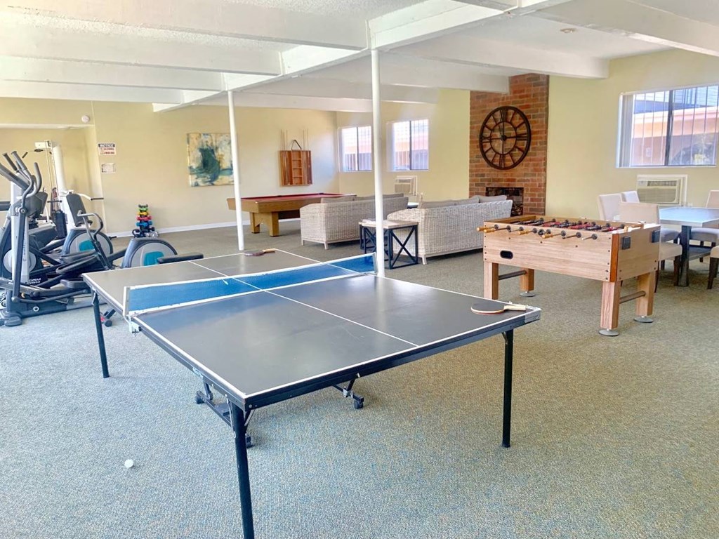 a games room with a ping pong table
