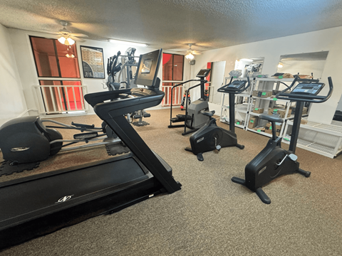 A gym with treadmills, elliptical machines, and other exercise equipment.