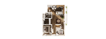 A top-down view of a kitchen with a dining table and chairs.