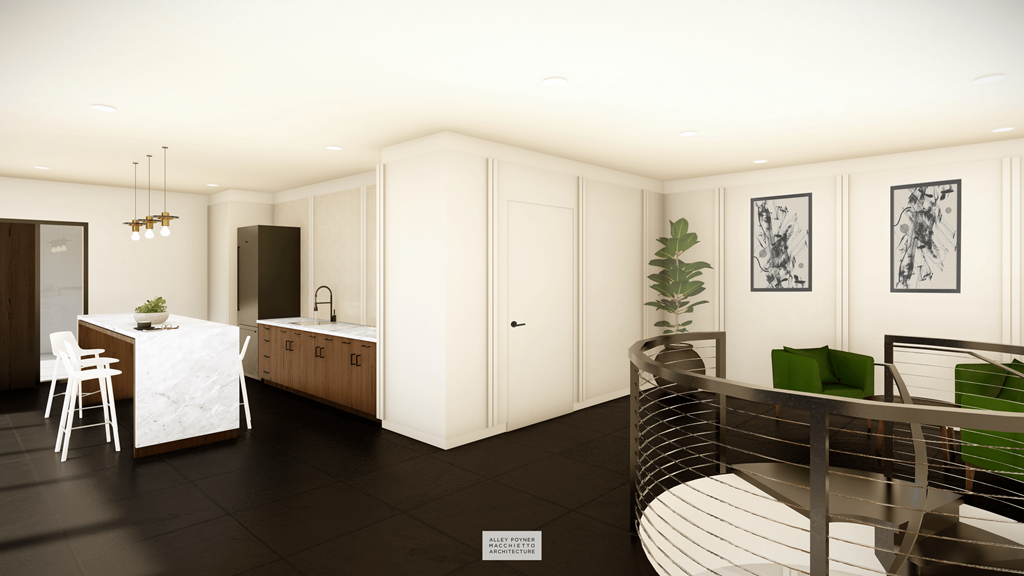 A modern kitchen with a dining table and chairs.