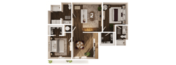 A top-down view of a room with a dining table and chairs, a couch, a bed, and a bathroom.