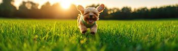 A small dog is running in a field.