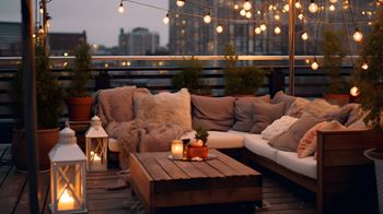 A cozy outdoor seating area with a couch, pillows, and lanterns.