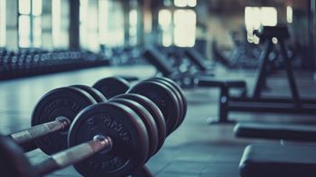 A set of dumbbells are on a gym floor.