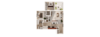A top-down view of a house layout with a kitchen, living room, and bathroom.