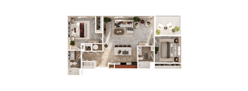 A top-down view of a house layout with various rooms and furniture.