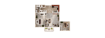 A floor plan of a house with a living room, dining room, kitchen, and bathrooms.