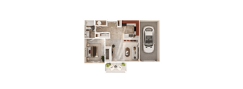 A top-down view of a house layout with a car parked in the driveway.