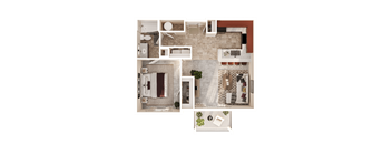 A top-down view of a house layout with a kitchen, living room, and bathrooms.