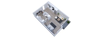 an overhead view of a bedroom floor plan with a bathroom and a living room
