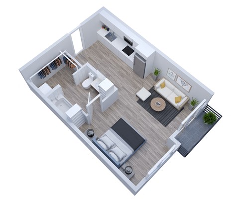 an overhead view of a bedroom floor plan with a bathroom and a living room