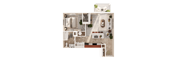A top-down view of a house layout with a kitchen, living room, and bathroom.