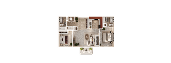 A top-down view of a house layout with a kitchen, living room, and bathrooms.