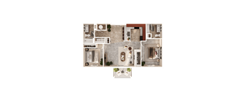 A top-down view of a house layout with a kitchen, living room, and bathrooms.