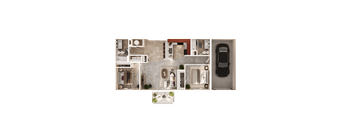 A top-down view of a house layout with a kitchen, living room, and bathroom.