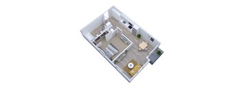 an illustration of the upstairs floor plan of a 1 bedroom apartment
