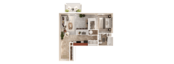A top-down view of a house layout with a kitchen, living room, and bedrooms.