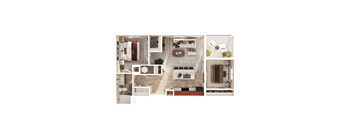 A top-down view of a house layout with a kitchen, living room, dining area, and bathroom.