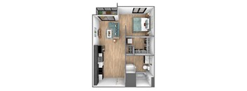 a floor plan of a studio apartment with a bathroom and kitchen