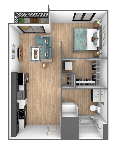 a floor plan of a studio apartment with a bathroom and kitchen