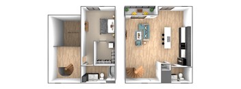 a floor plan of a two bedroom apartment with a kitchen and a living room with a dining