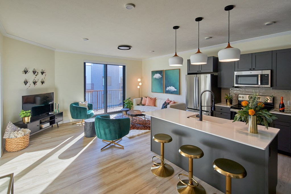a living room with a kitchen and an open floor plan