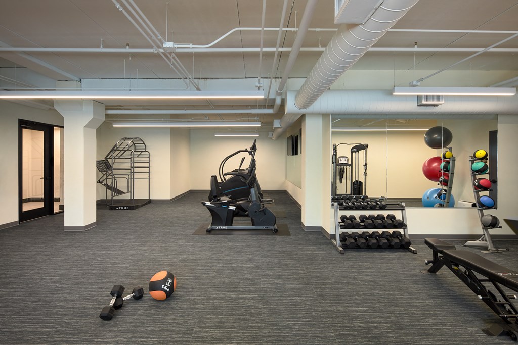 a gym with weights and other exercise equipment in a large room