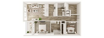 A dollhouse with a white and brown color scheme.