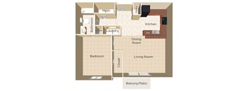 A floor plan of a house showing a bedroom, bathroom, kitchen, dining room, living room, and balcony.