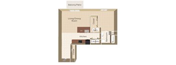 A floor plan of a home showing a living room, kitchen, and bathroom.