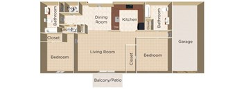 A floor plan of a house with two bedrooms, a living room, a dining room, a kitchen, a bathroom, a laundry room, and a balcony.
