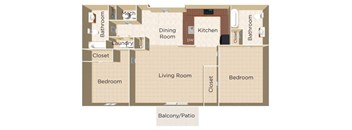 A floor plan of a house with two bedrooms, a living room, a kitchen, a dining room, a bathroom, a laundry room, and a balcony.
