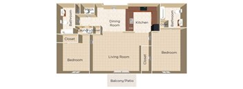 A floor plan of a house with a living room, dining room, kitchen, two bedrooms, a bathroom, a laundry room, and a balcony.