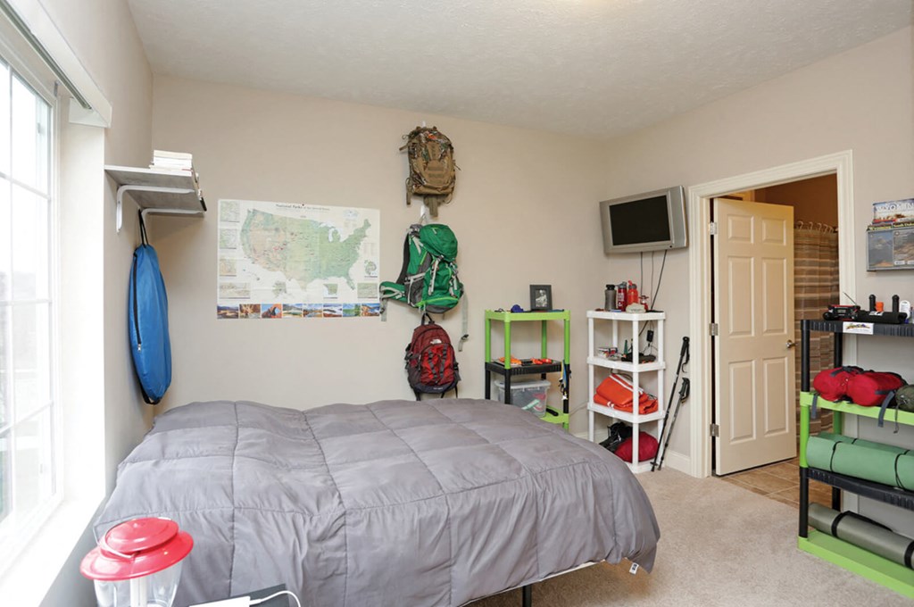 A bedroom with a bed, a TV, and a map on the wall.