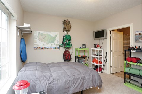 A bedroom with a bed, a TV, and a map on the wall.