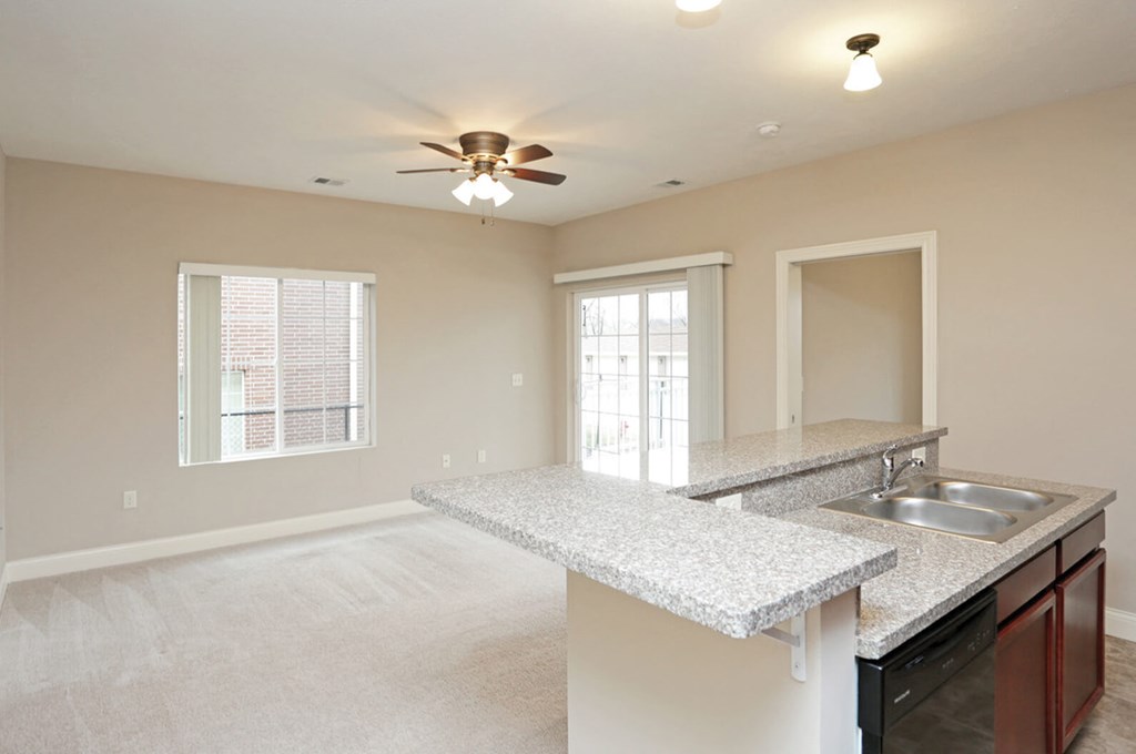 A kitchen with a countertop and a fan.