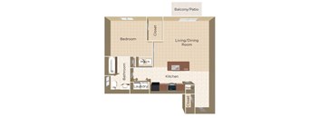 A floor plan of a small apartment with a bedroom, living/dining room, kitchen, bathroom, and laundry room.