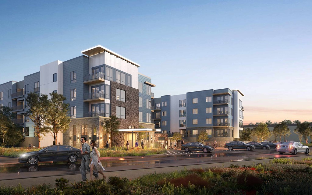 a rendering of a building with people walking in front of it